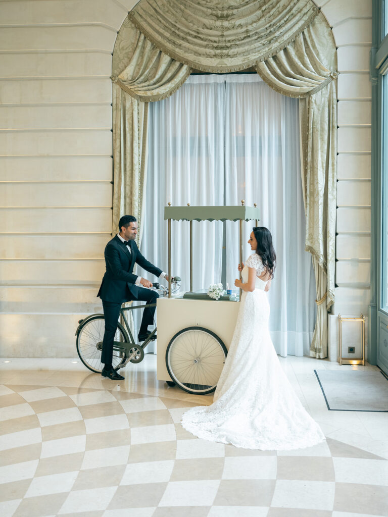 Candid wedding photograph of bride and groom in Ritz Paris