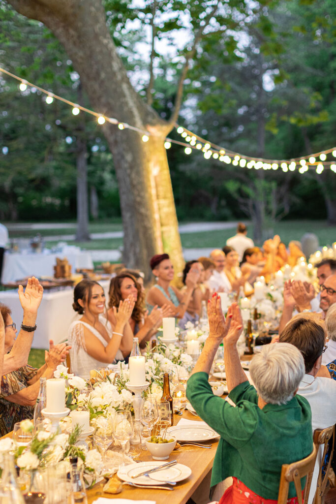 The bride and groom's family and friends at Château de Fonscolombe