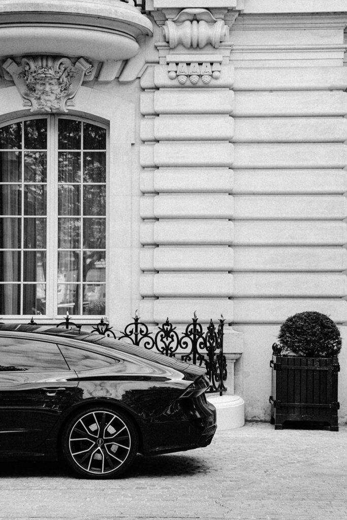 Paris wedding photography of a black car at Shangri La Paris