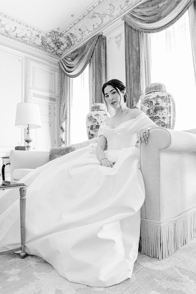 Black and white wedding photography of the bride at Shangri La Paris